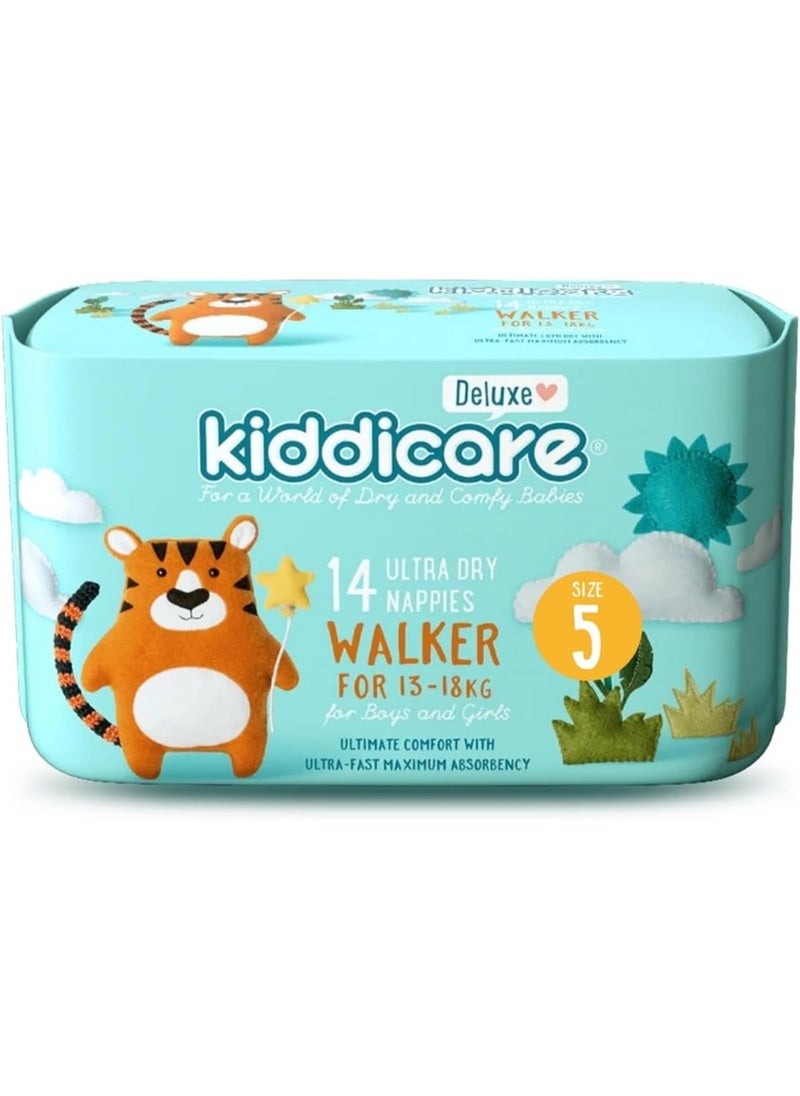 Kiddicare Baby Deluxe Walker Diaper Nappy, Size 5, 14 Count, Leakage Protection, 13-18 kg, Anti Rash, 12 Hours Absorption, Cottony Soft Ultra Fast High Absorb Technology