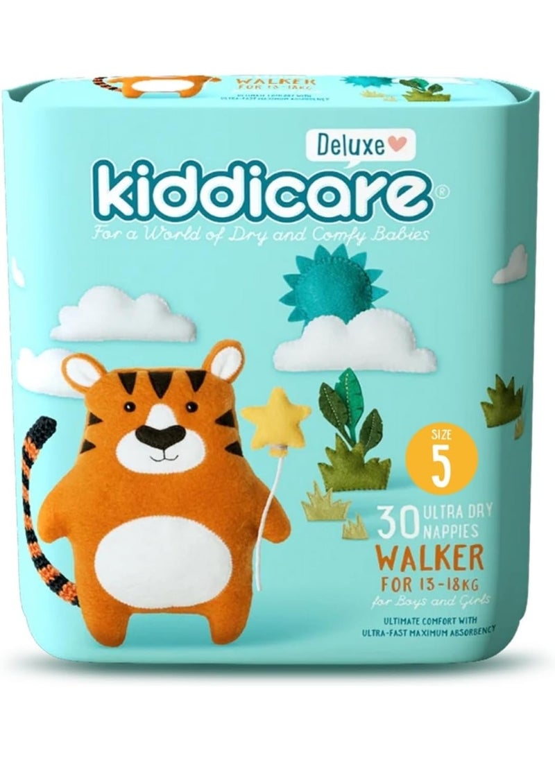 Kiddicare Baby Deluxe Walker Diaper Nappy, Size 5, 30 Count, Leakage Protection, 13-18 kg, Anti Rash, 12 Hours Absorption, Cottony Soft Ultra Fast High Absorb Technology