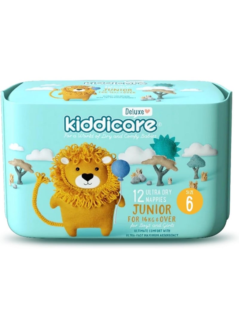 Kiddicare Baby Deluxe Junior Diaper Nappy, Size 6, 12 Count, Leakage Protection, 16+ kg, Anti Rash, 12 Hours Absorption, Cottony Soft Ultra Fast High Absorb Technology