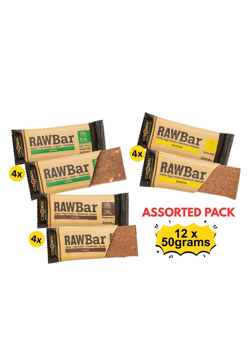 CROWN SPORT NUTRITION - RAW Bar Assorted made from date, protein and hazelnut without sweeteners (12 x 50 grams)