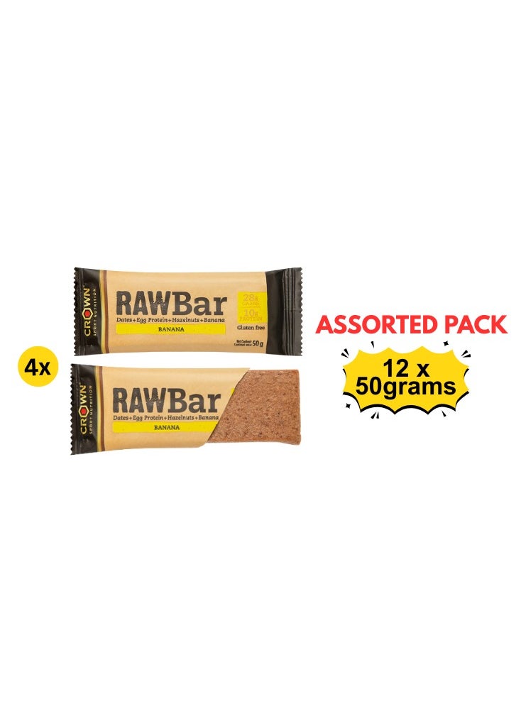 CROWN SPORT NUTRITION - RAW Bar Assorted made from date, protein and hazelnut without sweeteners (12 x 50 grams)