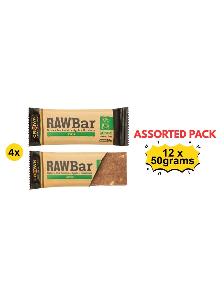 CROWN SPORT NUTRITION - RAW Bar Assorted made from date, protein and hazelnut without sweeteners (12 x 50 grams)