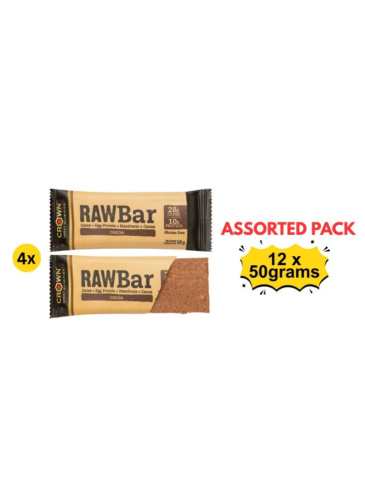 CROWN SPORT NUTRITION - RAW Bar Assorted made from date, protein and hazelnut without sweeteners (12 x 50 grams)