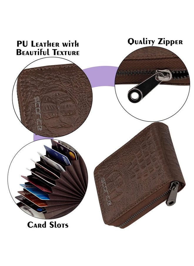 Storite 9 Slot Textured Credit Debit Card Holder Money Wallet Zipper Coin Purse for Men Women (Brown, 11.5 x 8 x 2cm)