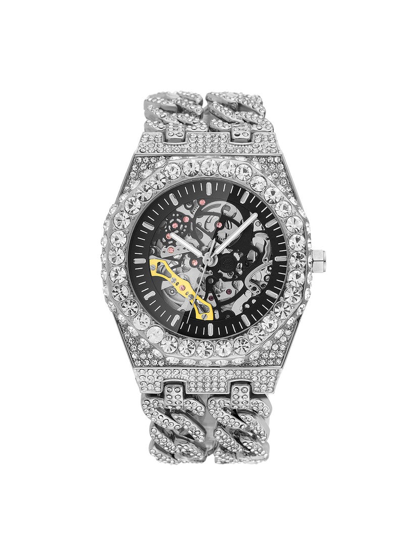 MISSFOX Bling Hip-Hop Cuban Chain Mens Watch Silver