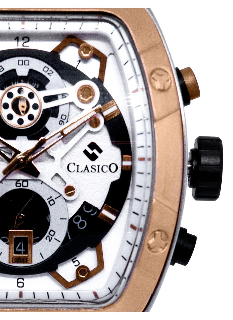 Opulent 6-Hands Chronograph Watch – Tonneau Skeleton Brushed Gold & White Chronograph Edition with Premium Silicon Strap – Elite Y121 Calibre Movement – Waterproof Design