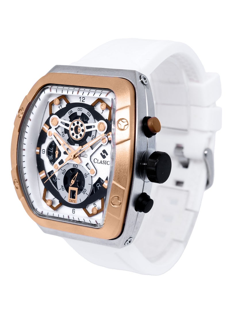 Opulent 6-Hands Chronograph Watch – Tonneau Skeleton Brushed Gold & White Chronograph Edition with Premium Silicon Strap – Elite Y121 Calibre Movement – Waterproof Design