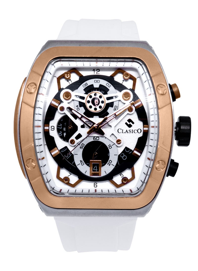 Opulent 6-Hands Chronograph Watch – Tonneau Skeleton Brushed Gold & White Chronograph Edition with Premium Silicon Strap – Elite Y121 Calibre Movement – Waterproof Design