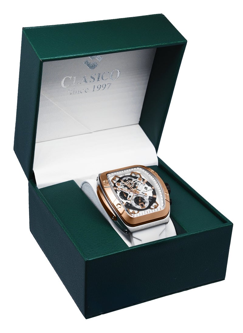 Opulent 6-Hands Chronograph Watch – Tonneau Skeleton Brushed Gold & White Chronograph Edition with Premium Silicon Strap – Elite Y121 Calibre Movement – Waterproof Design