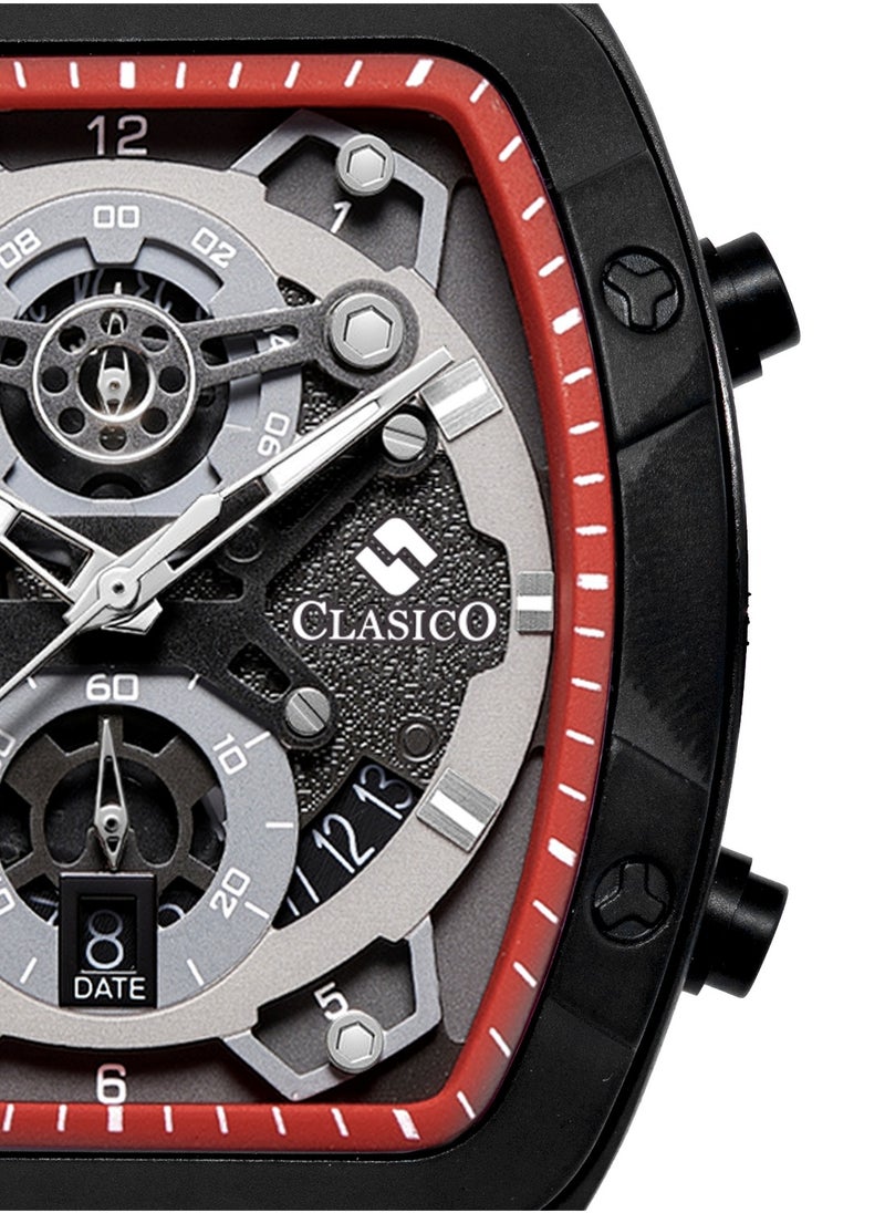 Opulent 6-Hands Chronograph Watch – Tonneau Skeleton Redline Chronograph Edition with Premium Silicon Strap – Elite Y121 Calibre Movement – Waterproof Design