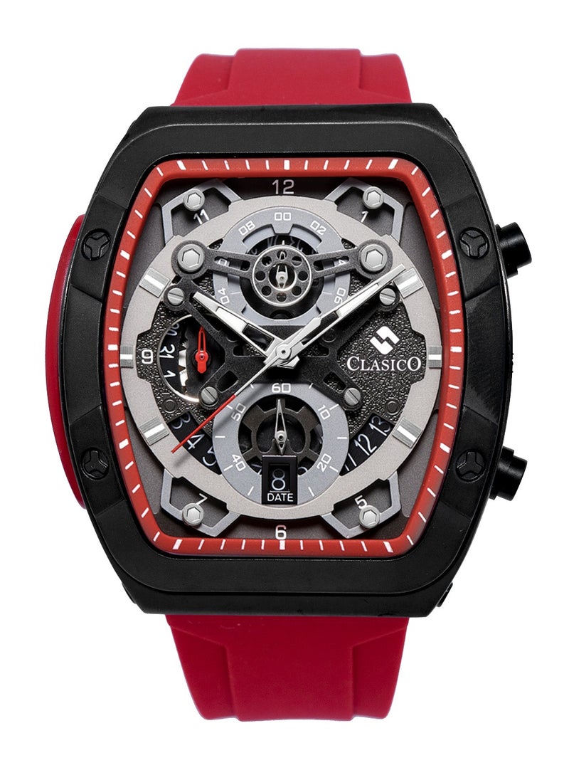 Opulent 6-Hands Chronograph Watch – Tonneau Skeleton Redline Chronograph Edition with Premium Silicon Strap – Elite Y121 Calibre Movement – Waterproof Design