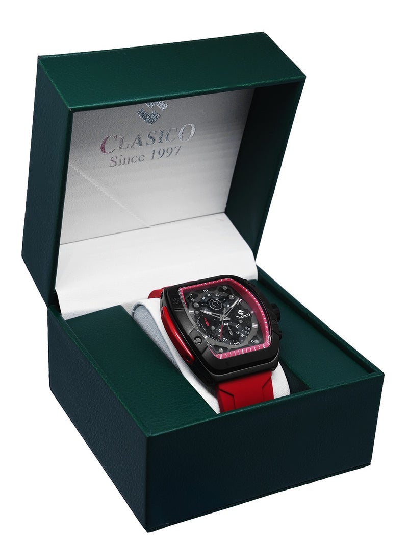 Opulent 6-Hands Chronograph Watch – Tonneau Skeleton Redline Chronograph Edition with Premium Silicon Strap – Elite Y121 Calibre Movement – Waterproof Design