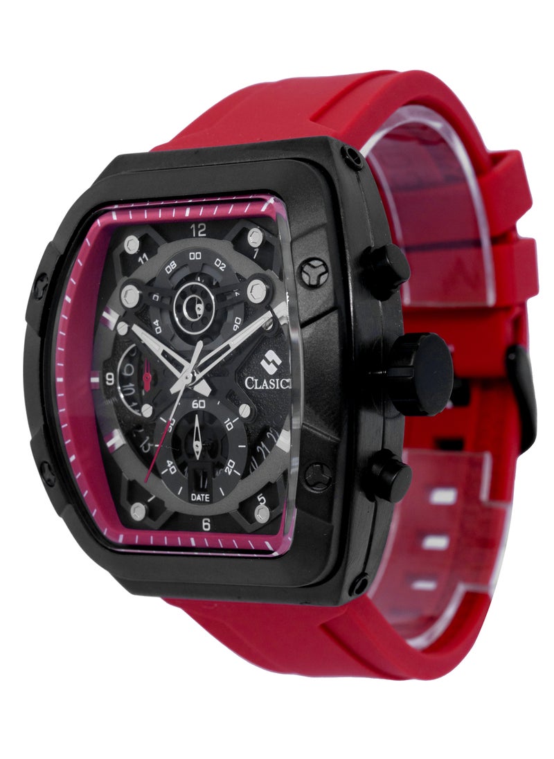Opulent 6-Hands Chronograph Watch – Tonneau Skeleton Redline Chronograph Edition with Premium Silicon Strap – Elite Y121 Calibre Movement – Waterproof Design