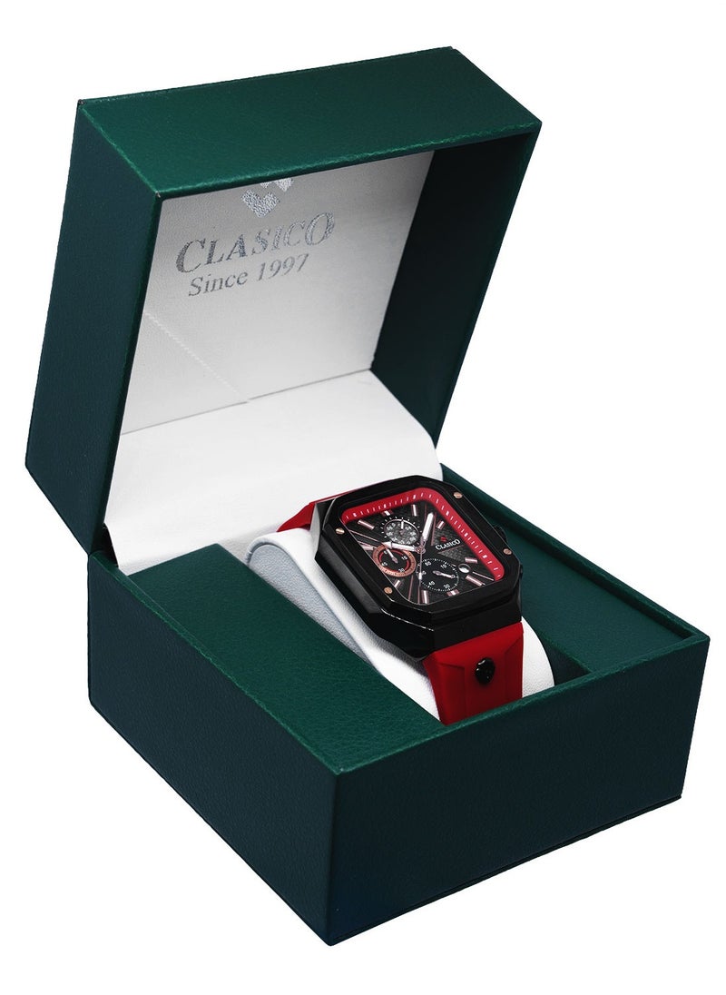 Zypher 6-Hands Chronograph Watch – Redline Square Chronograph Edition with Premium Silicon Strap – Elite Y121 Calibre Movement – Waterproof Design