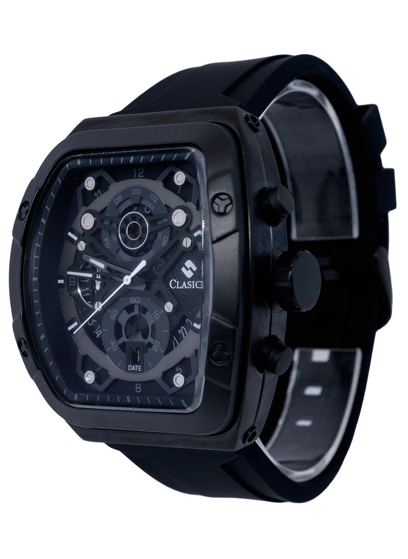 Opulent 6-Hands Chronograph Watch – Tonneau Skeleton Midnight Black Chronograph Edition with Premium Silicon Strap – Elite Y121 Calibre Movement – Waterproof Design