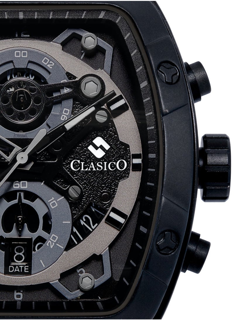 Opulent 6-Hands Chronograph Watch – Tonneau Skeleton Midnight Black Chronograph Edition with Premium Silicon Strap – Elite Y121 Calibre Movement – Waterproof Design