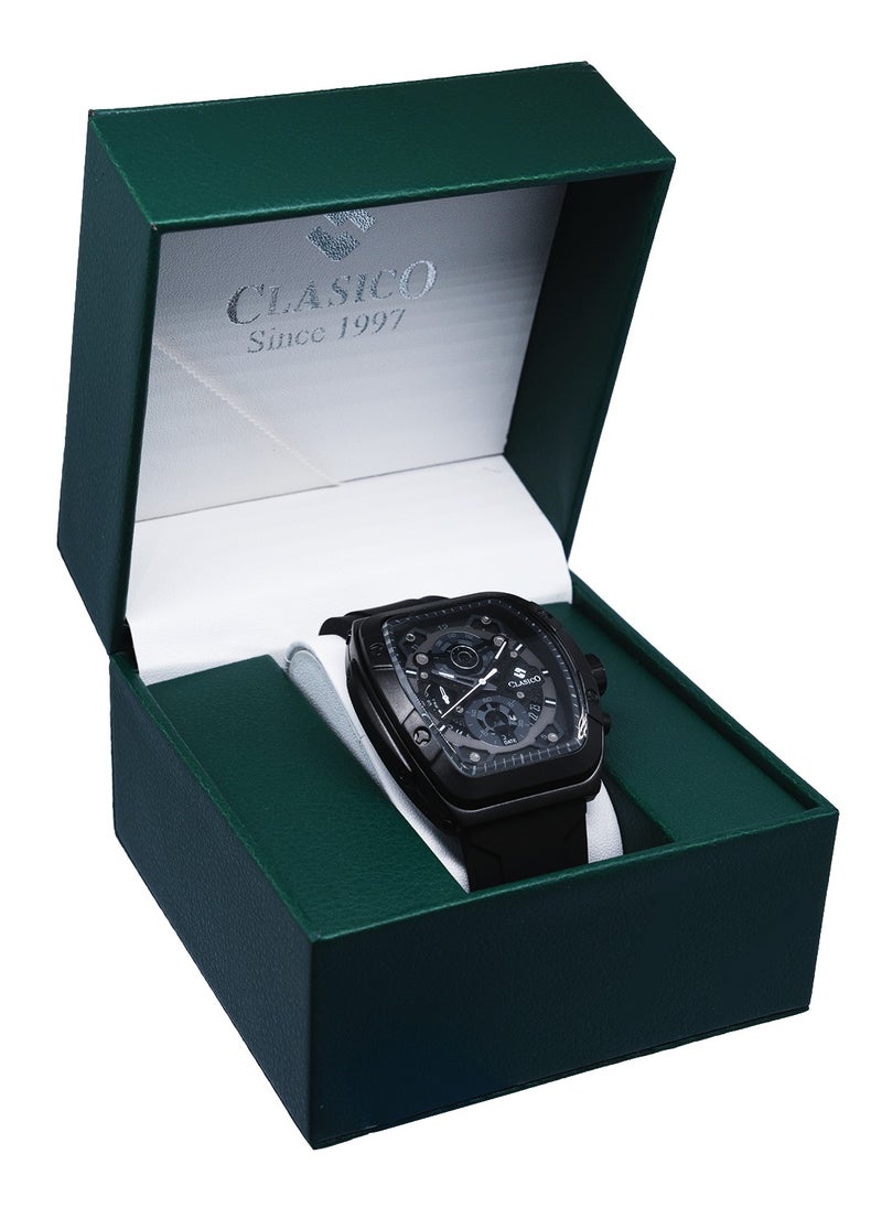 Opulent 6-Hands Chronograph Watch – Tonneau Skeleton Midnight Black Chronograph Edition with Premium Silicon Strap – Elite Y121 Calibre Movement – Waterproof Design