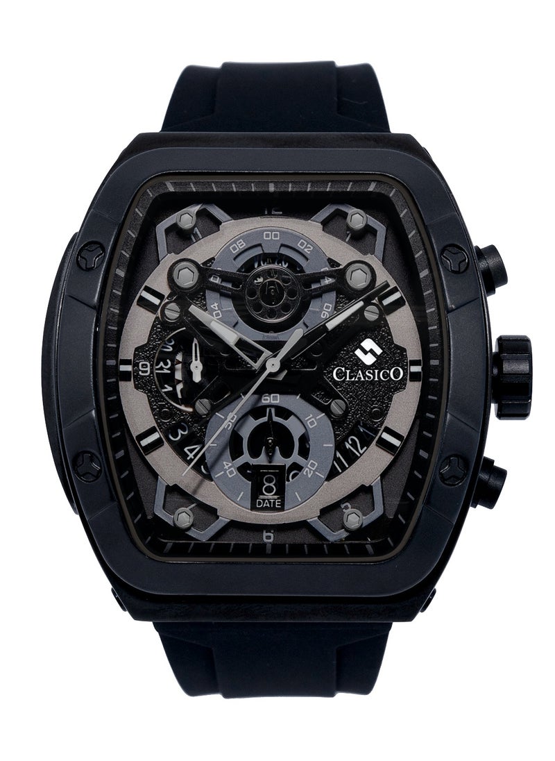 Opulent 6-Hands Chronograph Watch – Tonneau Skeleton Midnight Black Chronograph Edition with Premium Silicon Strap – Elite Y121 Calibre Movement – Waterproof Design