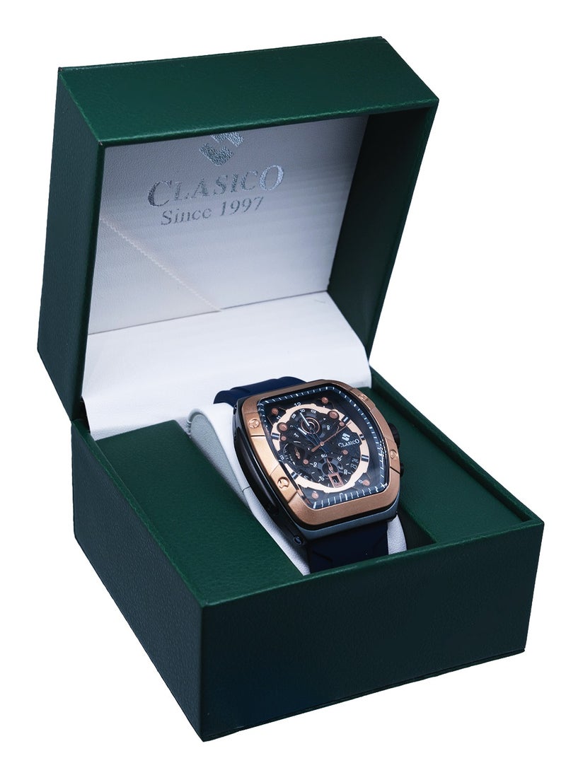 Opulent 6-Hands Chronograph Watch – Tonneau Skeleton Cobalt Blue & Gold Chronograph Edition with Premium Silicon Strap – Elite Y121 Calibre Movement – Waterproof Design