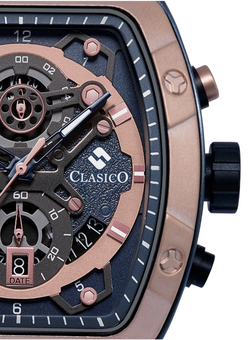 Opulent 6-Hands Chronograph Watch – Tonneau Skeleton Cobalt Blue & Gold Chronograph Edition with Premium Silicon Strap – Elite Y121 Calibre Movement – Waterproof Design