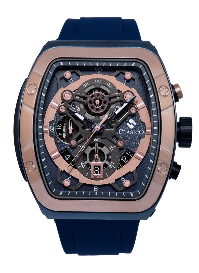 Opulent 6-Hands Chronograph Watch – Tonneau Skeleton Cobalt Blue & Gold Chronograph Edition with Premium Silicon Strap – Elite Y121 Calibre Movement – Waterproof Design