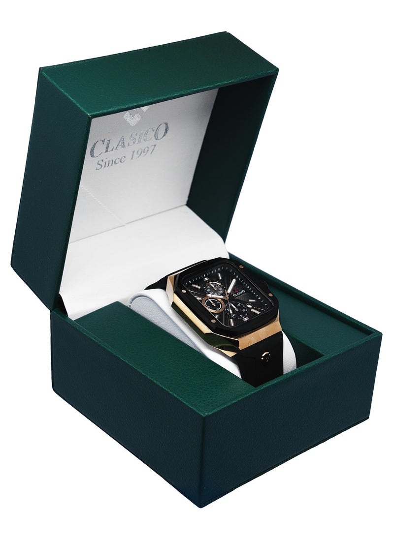 Zypher 6-Hands Chronograph Watch – Black & Gold Square Chronograph Edition with Premium Silicon Strap – Elite Y121 Calibre Movement – Waterproof Design
