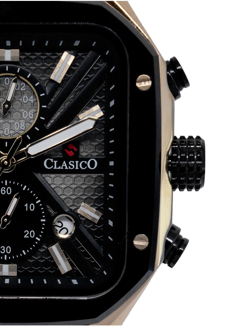 Zypher 6-Hands Chronograph Watch – Black & Gold Square Chronograph Edition with Premium Silicon Strap – Elite Y121 Calibre Movement – Waterproof Design