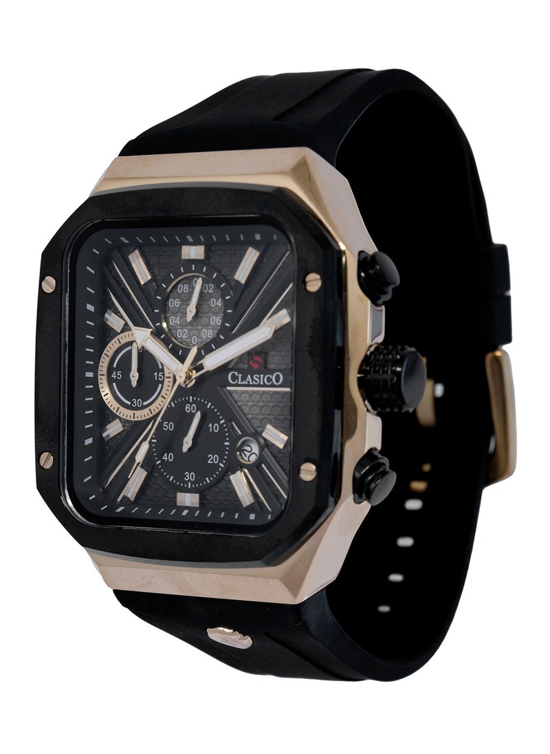 Zypher 6-Hands Chronograph Watch – Black & Gold Square Chronograph Edition with Premium Silicon Strap – Elite Y121 Calibre Movement – Waterproof Design