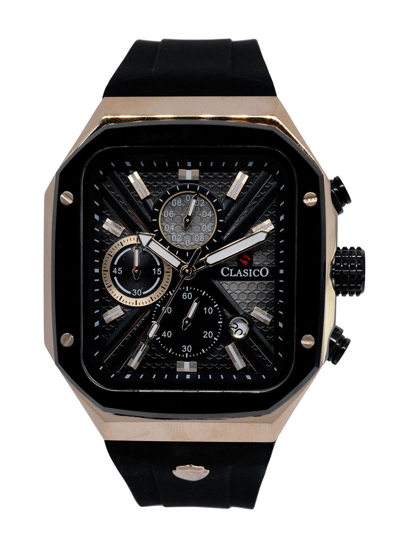Zypher 6-Hands Chronograph Watch – Black & Gold Square Chronograph Edition with Premium Silicon Strap – Elite Y121 Calibre Movement – Waterproof Design