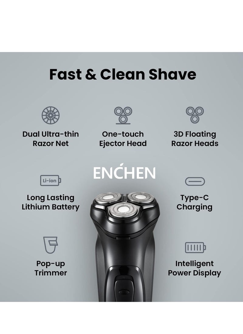 ENCHEN Men's Electric Grooming Tool – Rechargeable 3D Floating Head, Built-in Pop-up Trimmer, Multi-Function Design – Black