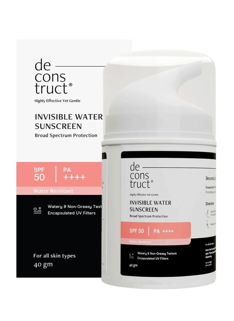Deconstruct Invisible Water Sunscreen SPF 50 PA+++ | Instant Cooling & Freshness | 8-Hour Water-Resistant | Broad Spectrum UVA & UVB Protection | No White Cast | For All Skin Types | 40g