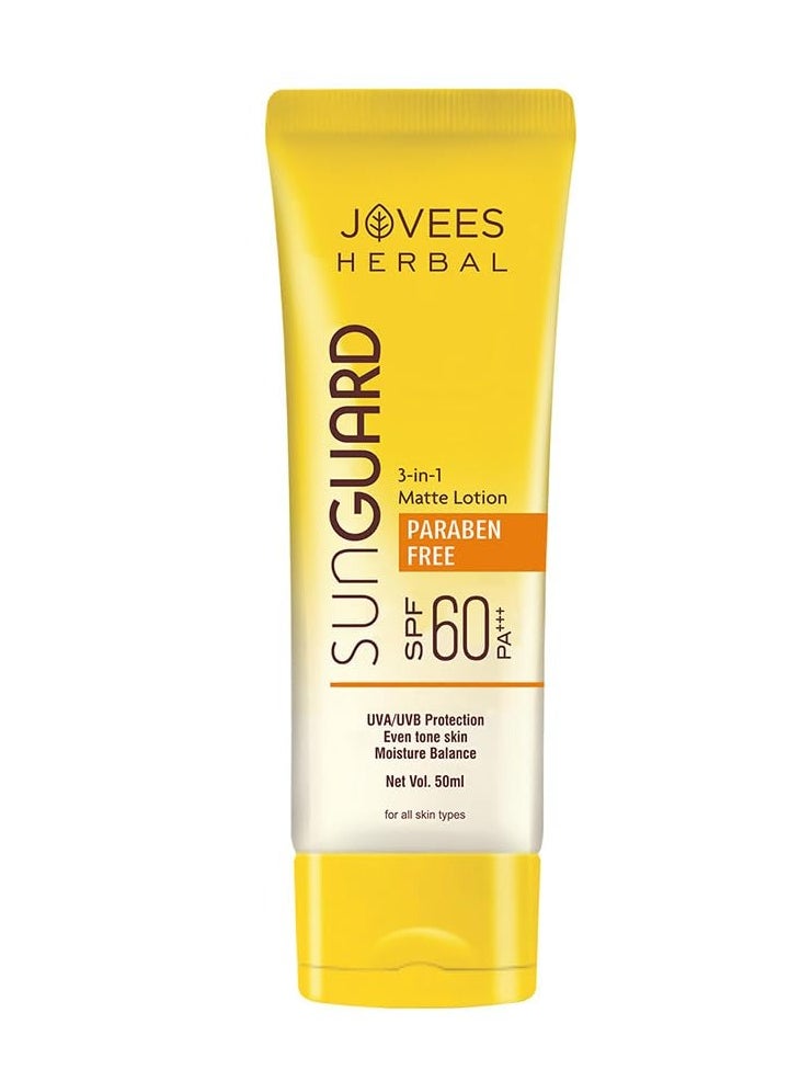 Jovees Herbal Sun Guard Lotion SPF 60 Pa+++ Broad Spectrum For All Skin | 3 In 1 Matte Lotion UVA/UVB Protection, Moisture Balance, Even Tone Skin For Women/Men 50Ml