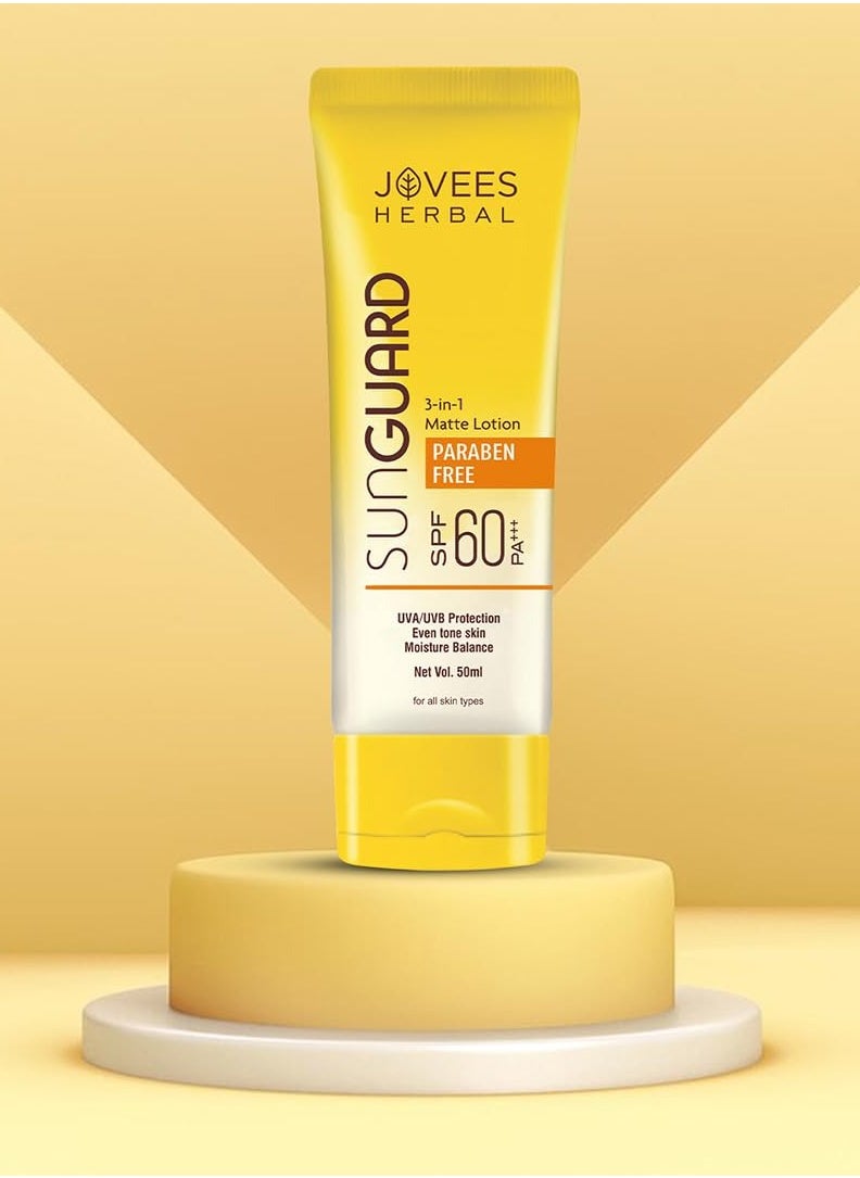 Jovees Herbal Sun Guard Lotion SPF 60 Pa+++ Broad Spectrum For All Skin | 3 In 1 Matte Lotion UVA/UVB Protection, Moisture Balance, Even Tone Skin For Women/Men 50Ml