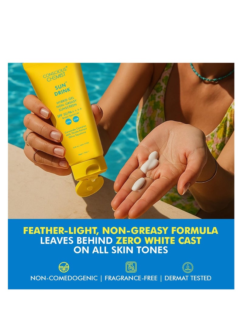 Conscious Chemist Dewy Ceramide Sunscreen SPF 50 PA++++ | For Oily Skin | UVA/UVB & Blue Light Protection | Fragrance-Free | For Men & Women, All Skin Type - Sun Drink | 50g