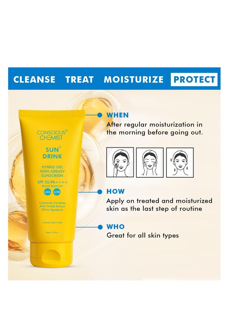 Conscious Chemist Dewy Ceramide Sunscreen SPF 50 PA++++ | For Oily Skin | UVA/UVB & Blue Light Protection | Fragrance-Free | For Men & Women, All Skin Type - Sun Drink | 50g