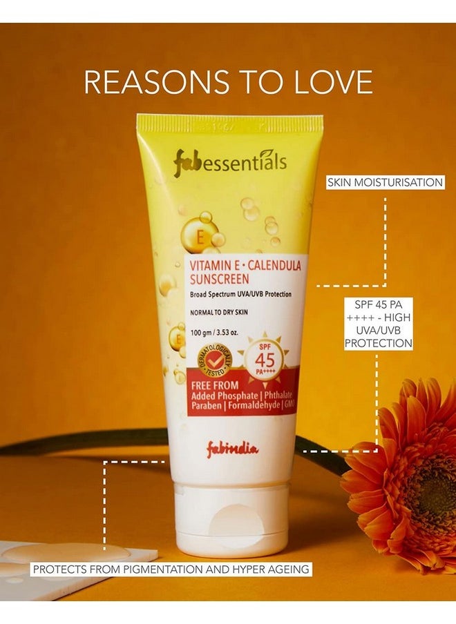 Fabessentials Vitamin E Calendula Sunscreen SPF 45 PA++++ 100gm | Broad Spectrum UVA/UVB | Blue light protect | No White Cast | Water resistant, Ultra light & Non sticky | Oily, Dry & Sensitive Skin