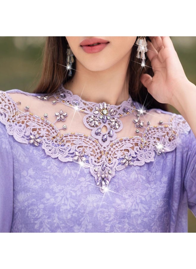 Lavender Purple Color-Blocked Lace Embroidered Ruffled Robe with Glass Rhinestone Print
