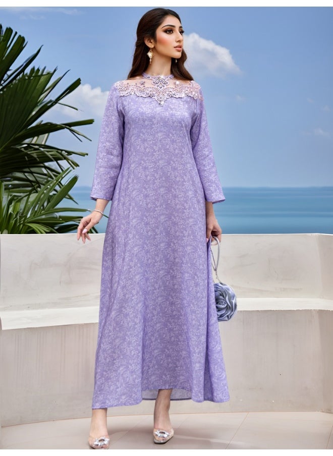 Lavender Purple Color-Blocked Lace Embroidered Ruffled Robe with Glass Rhinestone Print