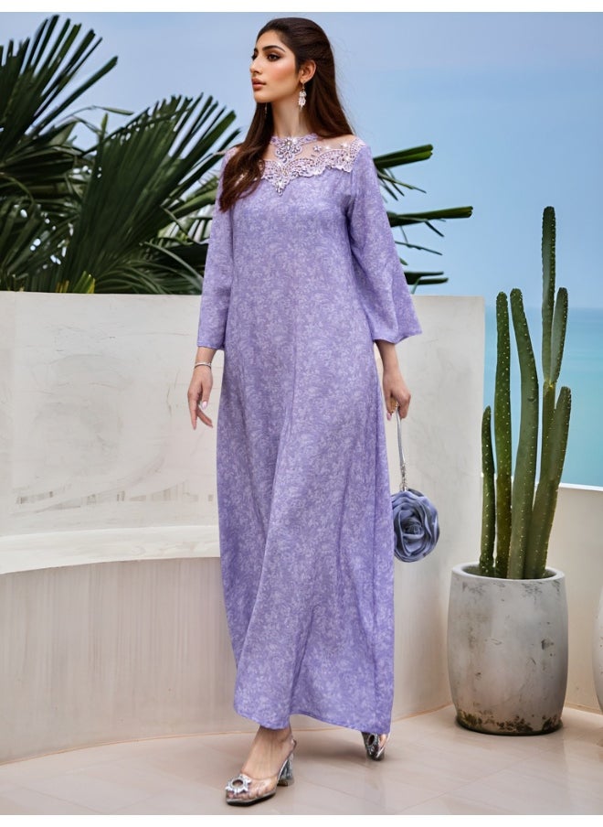 Lavender Purple Color-Blocked Lace Embroidered Ruffled Robe with Glass Rhinestone Print