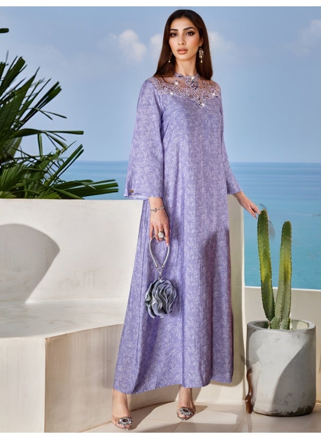 Lavender Purple Color-Blocked Lace Embroidered Ruffled Robe with Glass Rhinestone Print
