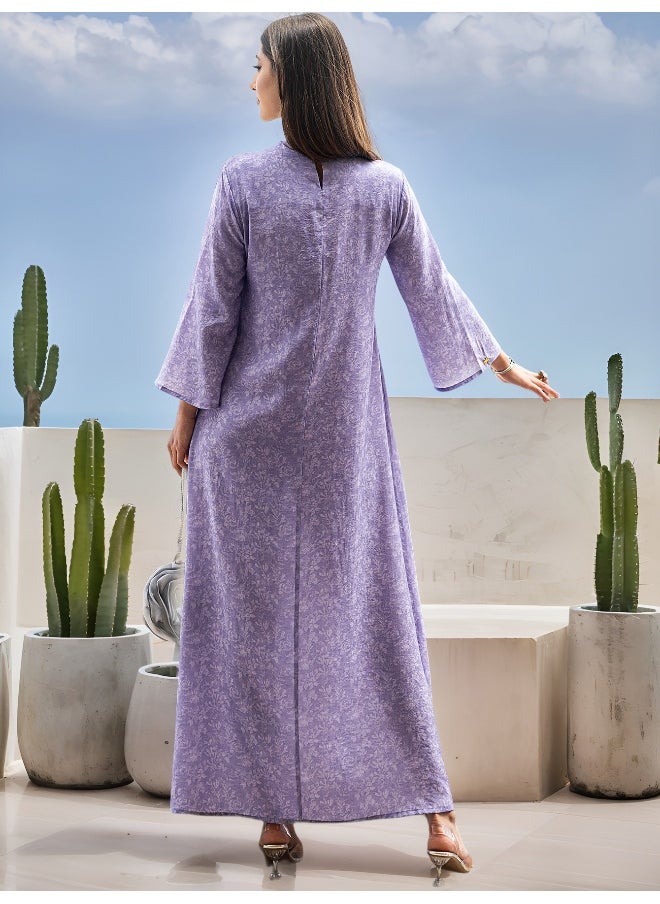 Lavender Purple Color-Blocked Lace Embroidered Ruffled Robe with Glass Rhinestone Print