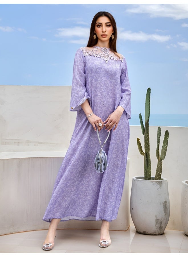Lavender Purple Color-Blocked Lace Embroidered Ruffled Robe with Glass Rhinestone Print