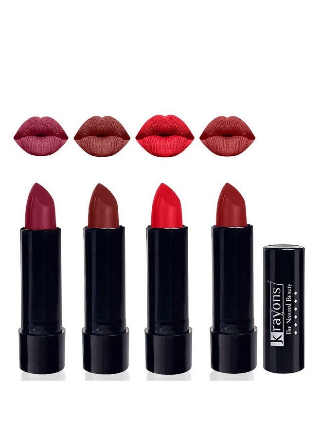 Cute Pop Moisturizing Matte Lipstick, Waterproof, Shocking Pink, Cherry Maroon, Orange Crush, Signal Red, 3.5Gm Each (Pack Of 4)