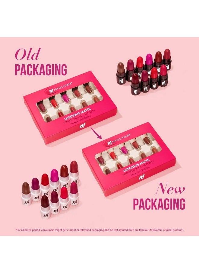 Luscious Matte Mini Lipstick Kit - Set Of 10 | Nude & Bold Lipstick Combo For Women | Long Lasting, Creamy, Moisturising & Pigmented Mini Lipsticks (1.2G X 10)
