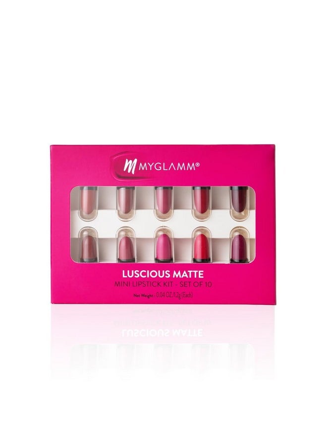 Luscious Matte Mini Lipstick Kit - Set Of 10 | Nude & Bold Lipstick Combo For Women | Long Lasting, Creamy, Moisturising & Pigmented Mini Lipsticks (1.2G X 10)