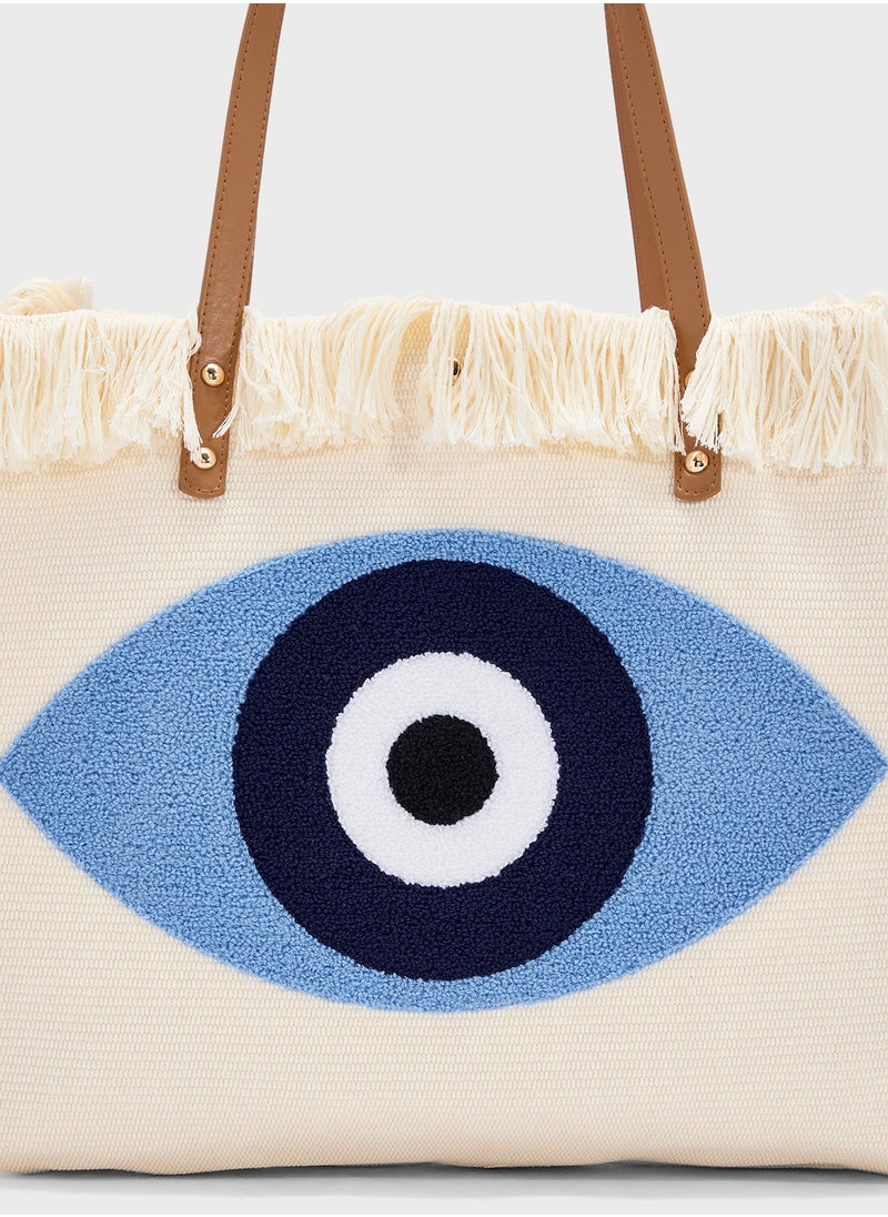 Frayed Edge Evil Eye Canvas Shopper Bag