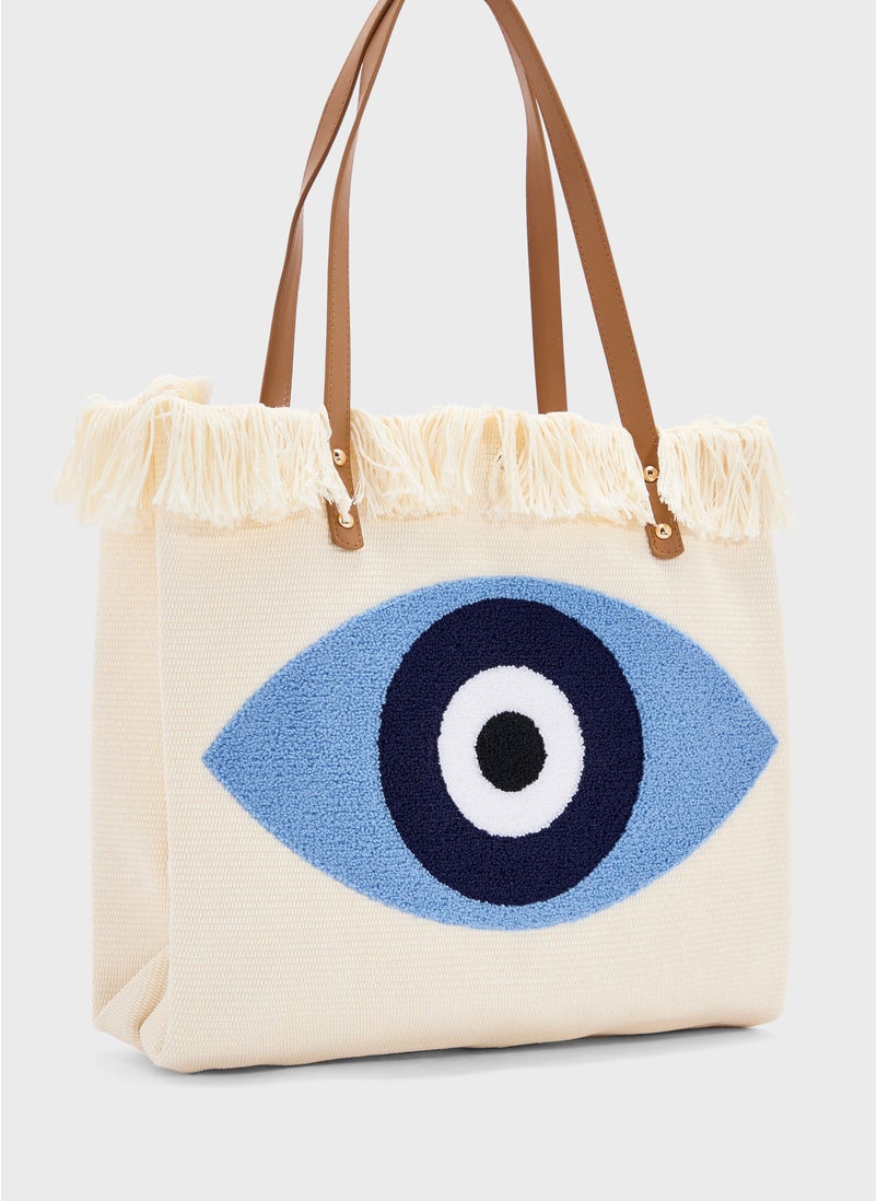 Frayed Edge Evil Eye Canvas Shopper Bag