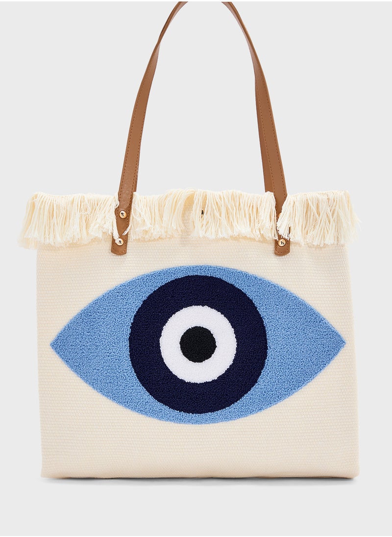 Frayed Edge Evil Eye Canvas Shopper Bag