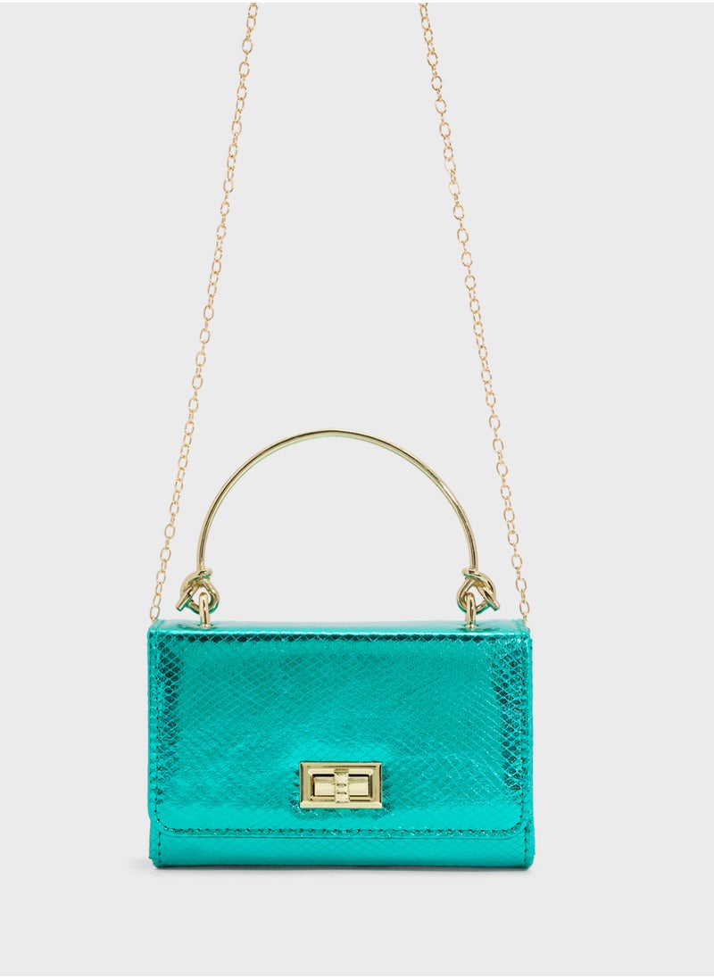 Metal Handle Snake Print Satchel Bag