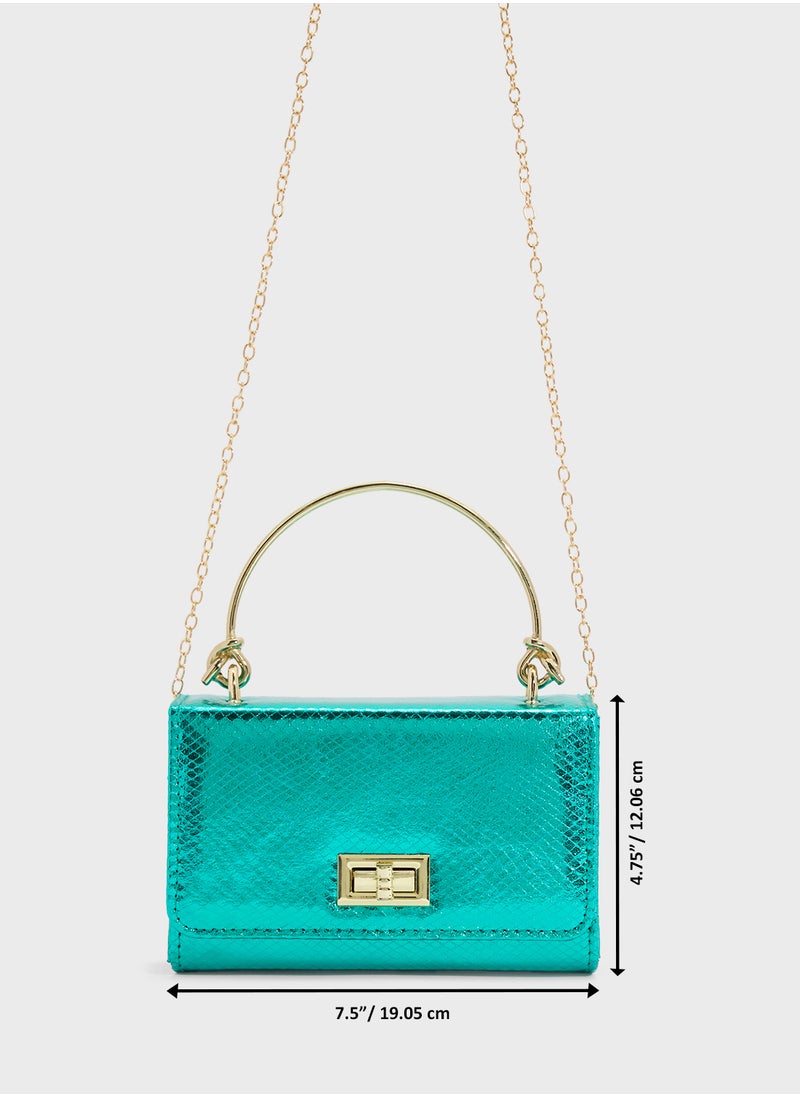 Metal Handle Snake Print Satchel Bag